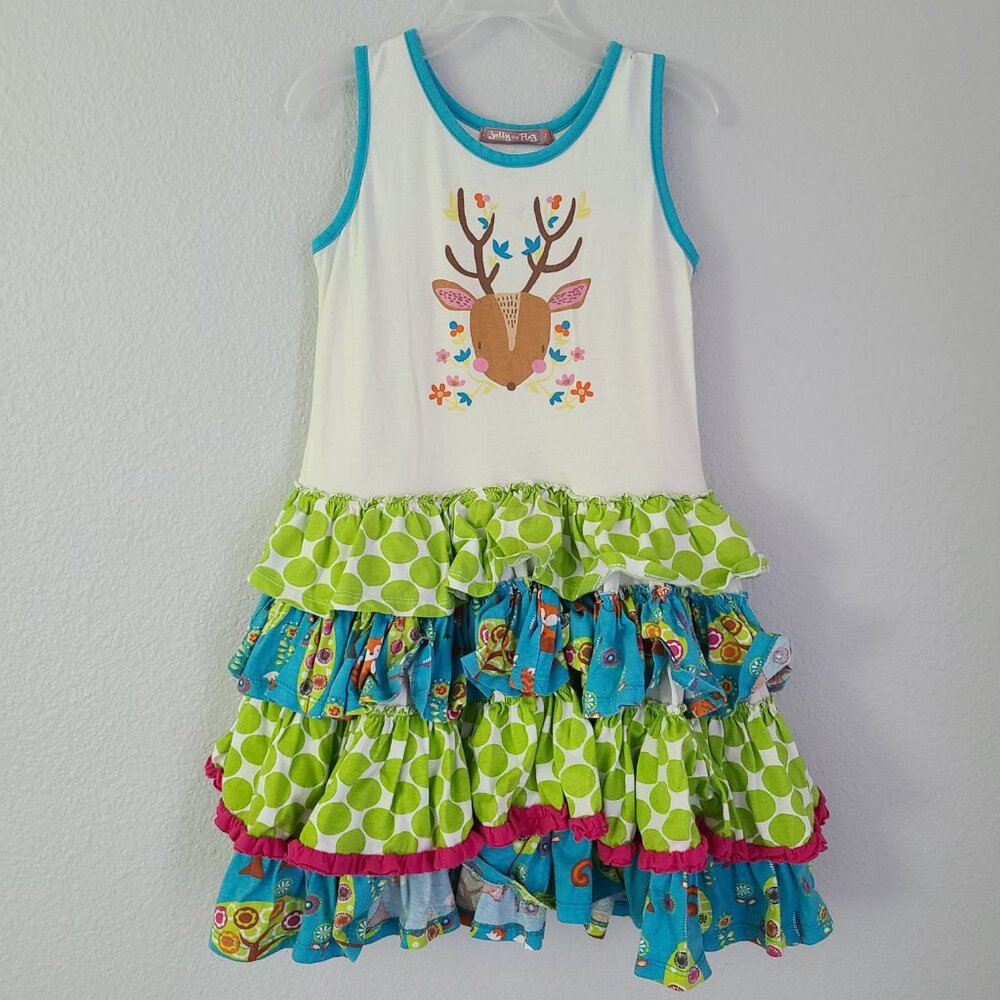 Jelly the Pug girls sleeveless reindeer squirrel print ruffle skirt dress size 7
